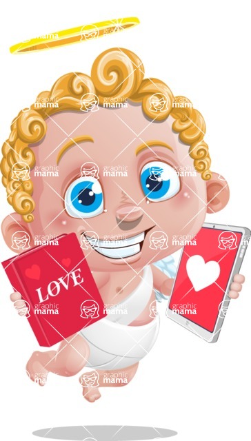 Cupid Cartoon Character - Cartoon Cupid Wondering Book or Tablet